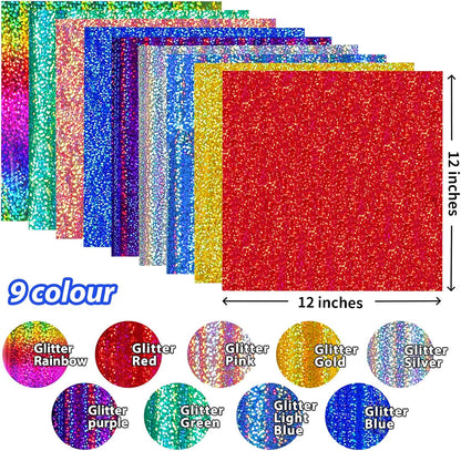 GIRAFVINYL Holographic Glitter Permanent Vinyl Bundle, 9 Assorted Colors 12-Inch Sheets, Glitter Vinyl Permanent Self-Adhesive Durable for Indoor/Outdoor Crafts, Easy to Cut/Weed with Protective Film