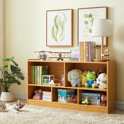 Kids Toy Storage Organizer, 5-Section Storage Cabinet for Organizing Books Toys, Wooden Bookshelf Daycare Furniture for School, Classroom Playroom, Nursery, Kindergarten (Natural)