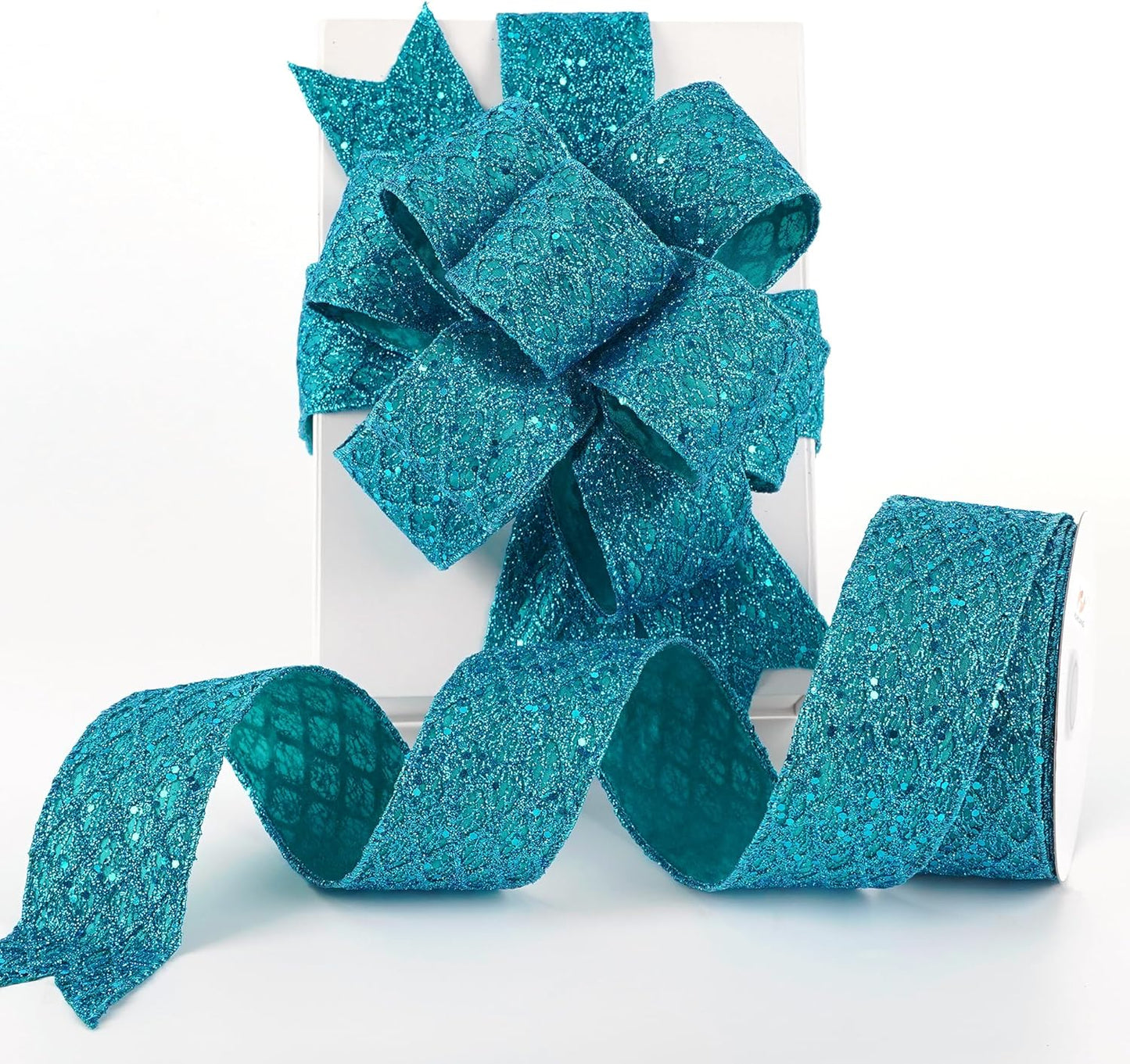 HUIHUANG Turquoise Glitter Wired Ribbon for Christmas Tree 2.5 inch Peacock Blue Diamond Mesh Ribbon for Tree Decoration, Wreaths, Garland, Gift Wrapping, Large Bows Making, Home Decor -10 Yards - Crafty Corner