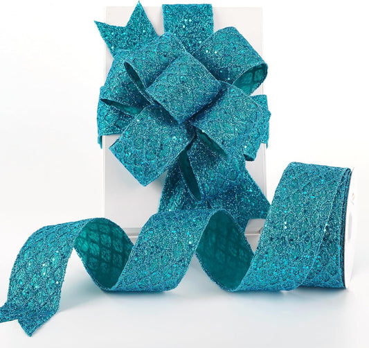 HUIHUANG Turquoise Glitter Wired Ribbon for Christmas Tree 2.5 inch Peacock Blue Diamond Mesh Ribbon for Tree Decoration, Wreaths, Garland, Gift Wrapping, Large Bows Making, Home Decor -10 Yards - Crafty Corner