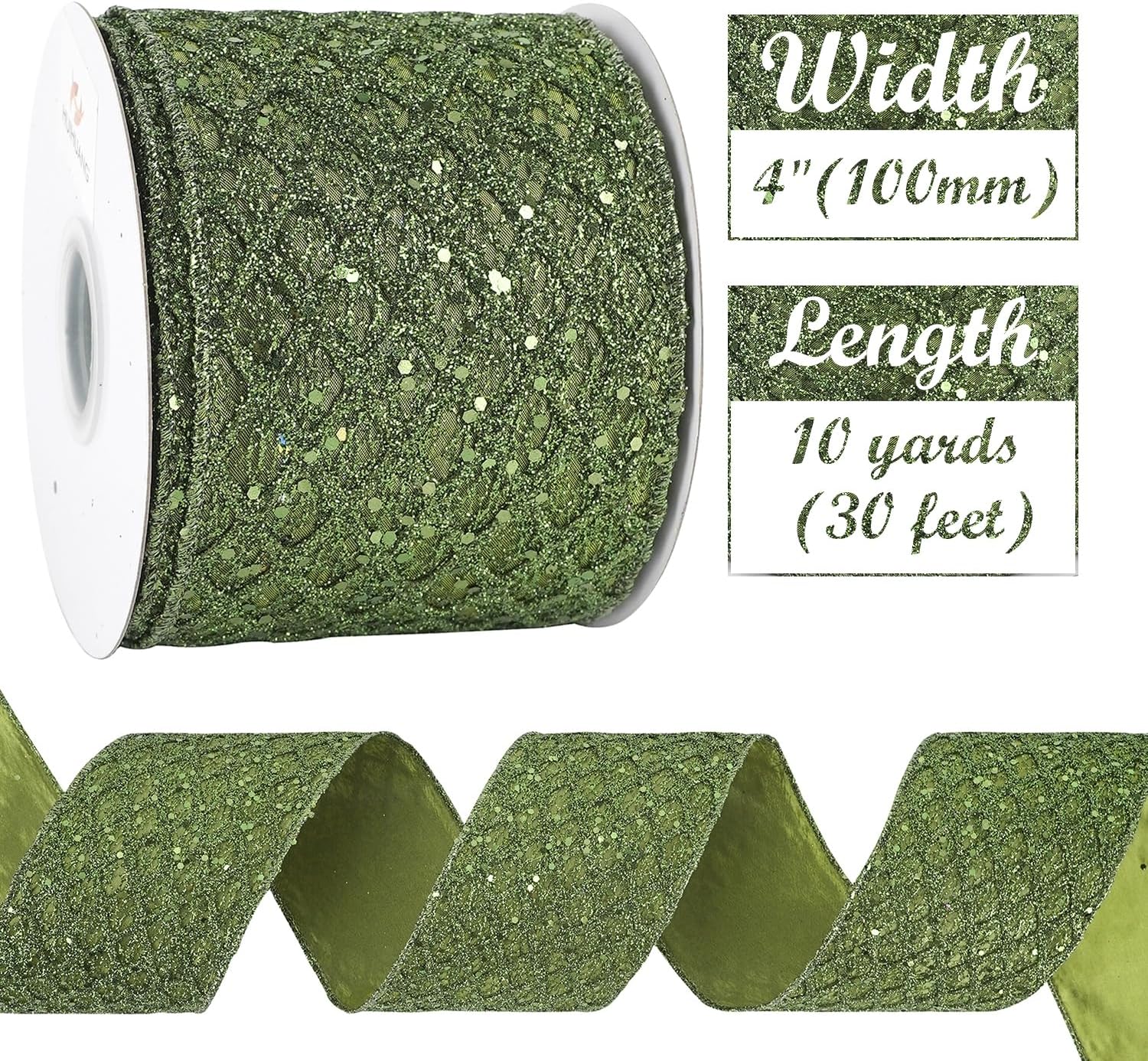 HUIHUANG Moss Green Wired Christmas Ribbon 4 inch Moss Glitter Wired Ribbon Diamond Mesh Wire Ribbon for X-mas Tree Decorations, Wreaths, Garland, Large Bows Making, Home Decor -10 Yards - Crafty Corner