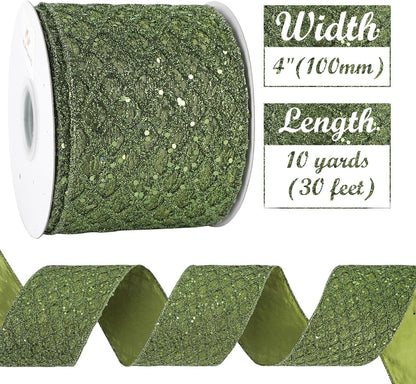 HUIHUANG Moss Green Wired Christmas Ribbon 4 inch Moss Glitter Wired Ribbon Diamond Mesh Wire Ribbon for X-mas Tree Decorations, Wreaths, Garland, Large Bows Making, Home Decor -10 Yards - Crafty Corner