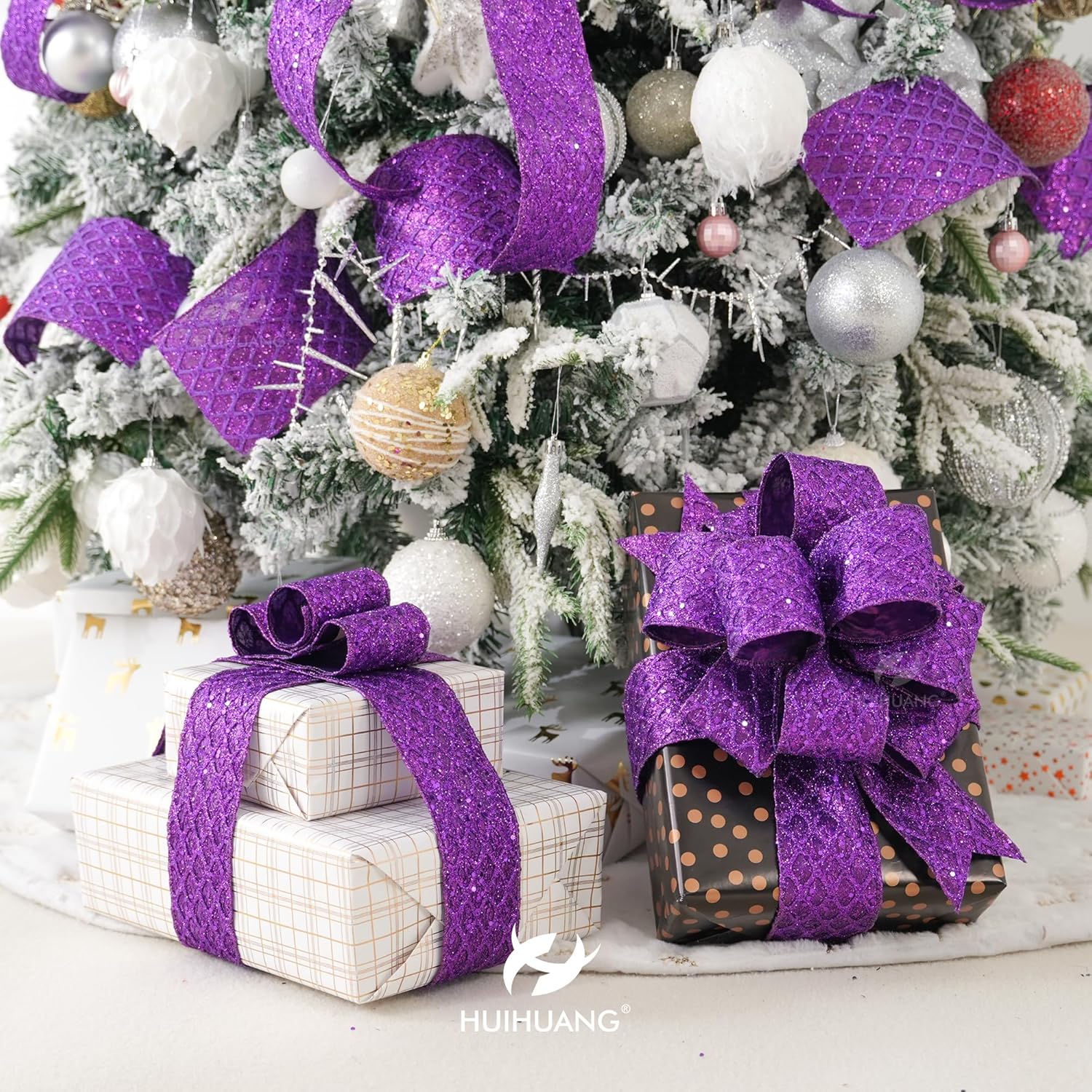 HUIHUANG Purple Wired Christmas Ribbon 4 inch Purple Glitter Wired Ribbon Diamond Mesh Wire Ribbon for X-mas Tree Decorations, Wreaths, Garland, Large Bows Making, Home Decor -10 Yards - Crafty Corner