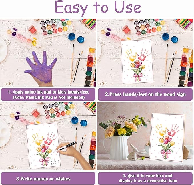 Woukaup Pink Flower Handprint Art Keepsake Making Wooden Sign with Stand 9x12, Mothers Day Crafts for Classroom Family Activities, DIY Crafts Birthday Gifts for Mom Dad Grandma Grandpa Sister Auntie
