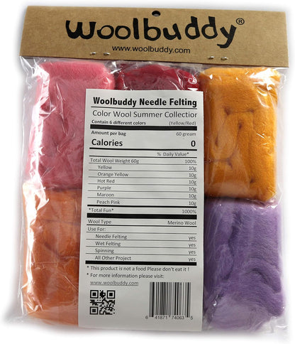 Woolbuddy Needle Felting Wool, Natural Handmade Wool Roving, 6 Vibrant Colors with Instructions (Wool Bag Summer)
