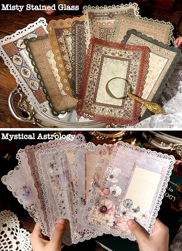 60 Sheets Lace Edged Scrapbook Stationery Paper Assorted Set - 6 Pack Vintage Paper for Letter Writing Scrapbooking Embellishments Planner Bullet Junk Journal Supplies Collage Background 4.9x6.9 Inch