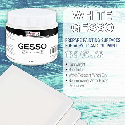 U.S. Art Supply White Gesso Primer - 16.9oz (500ml) for Oil & Acrylic Paint - Superior Coverage, Canvas Prep, Mixable White Gesso Paint Artists