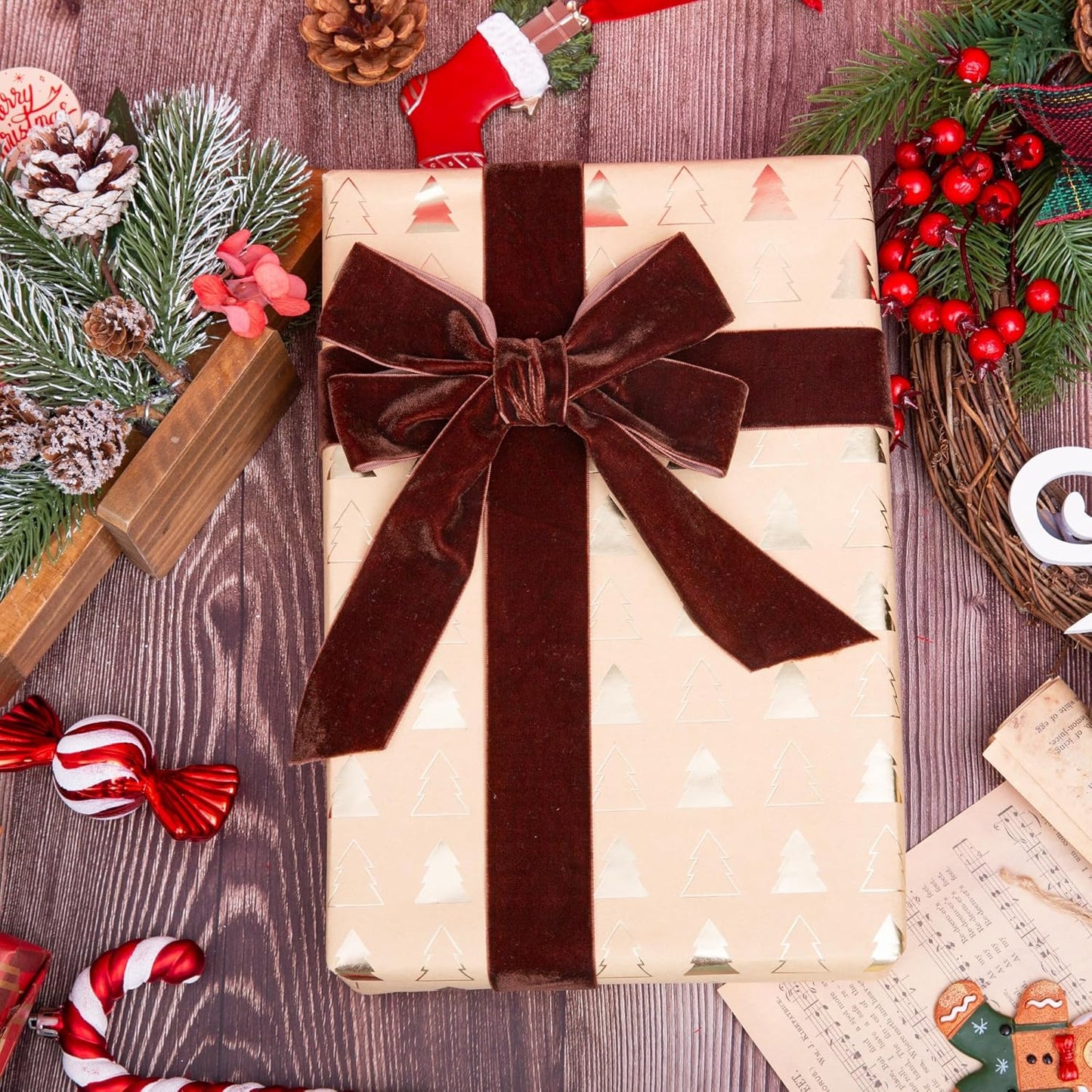 Vintage Brown Velvet Ribbon Chocolate Christmas Ribbon for Gift Wrapping Crafts Christmas Tree Ornaments Garland Decorations, 1-1/2 Inch X 25Yd - Crafty Corner