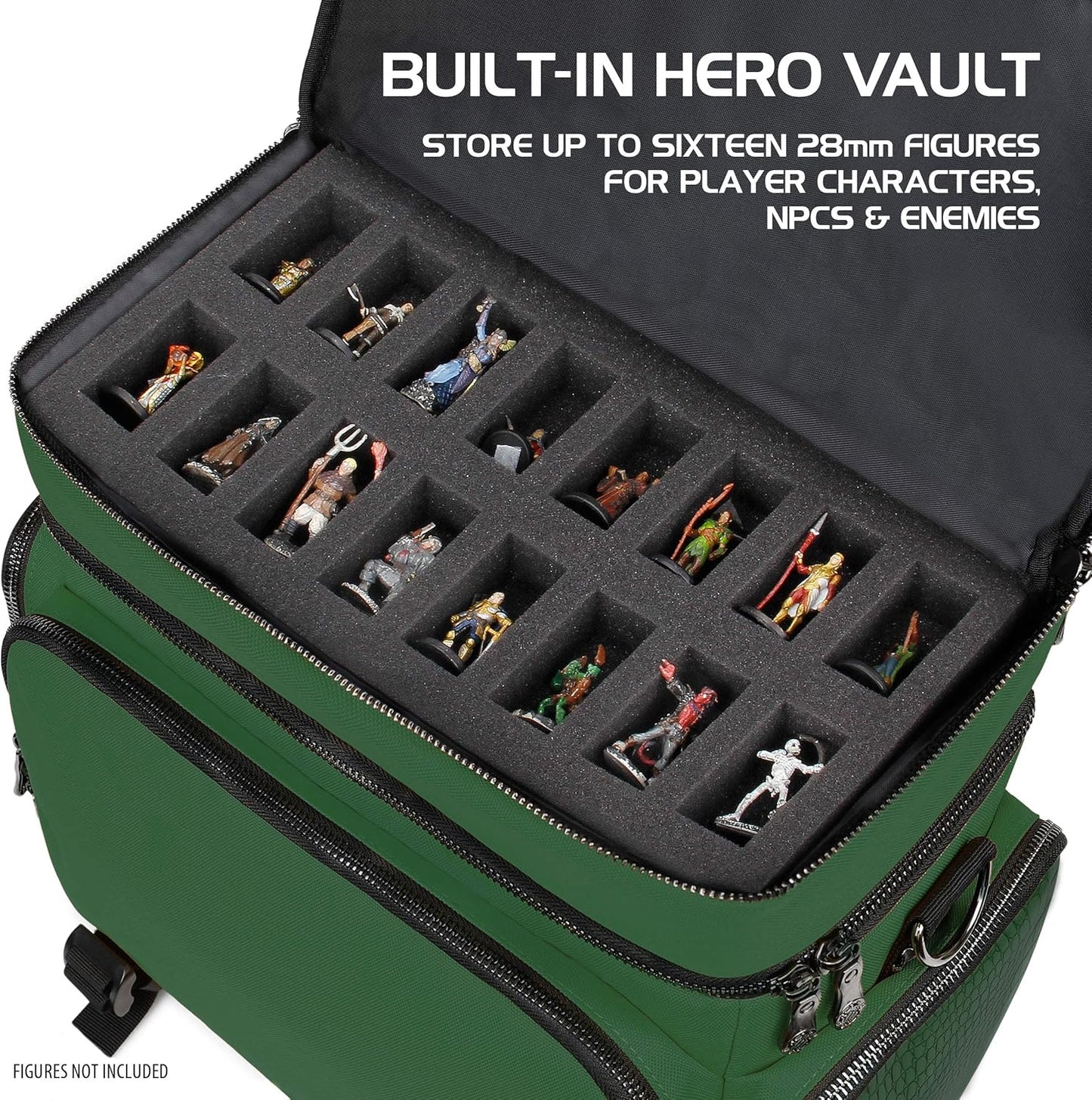 ENHANCE Collector's Edition RPG Adventurer's DnD Bag - Dragon Hide Exterior Travel RPG Bag with Tabletop Miniatures Storage Vault, Mat Holder, DnD Dice & Token Pockets, Fits 4-8 Books (Dragon Green)