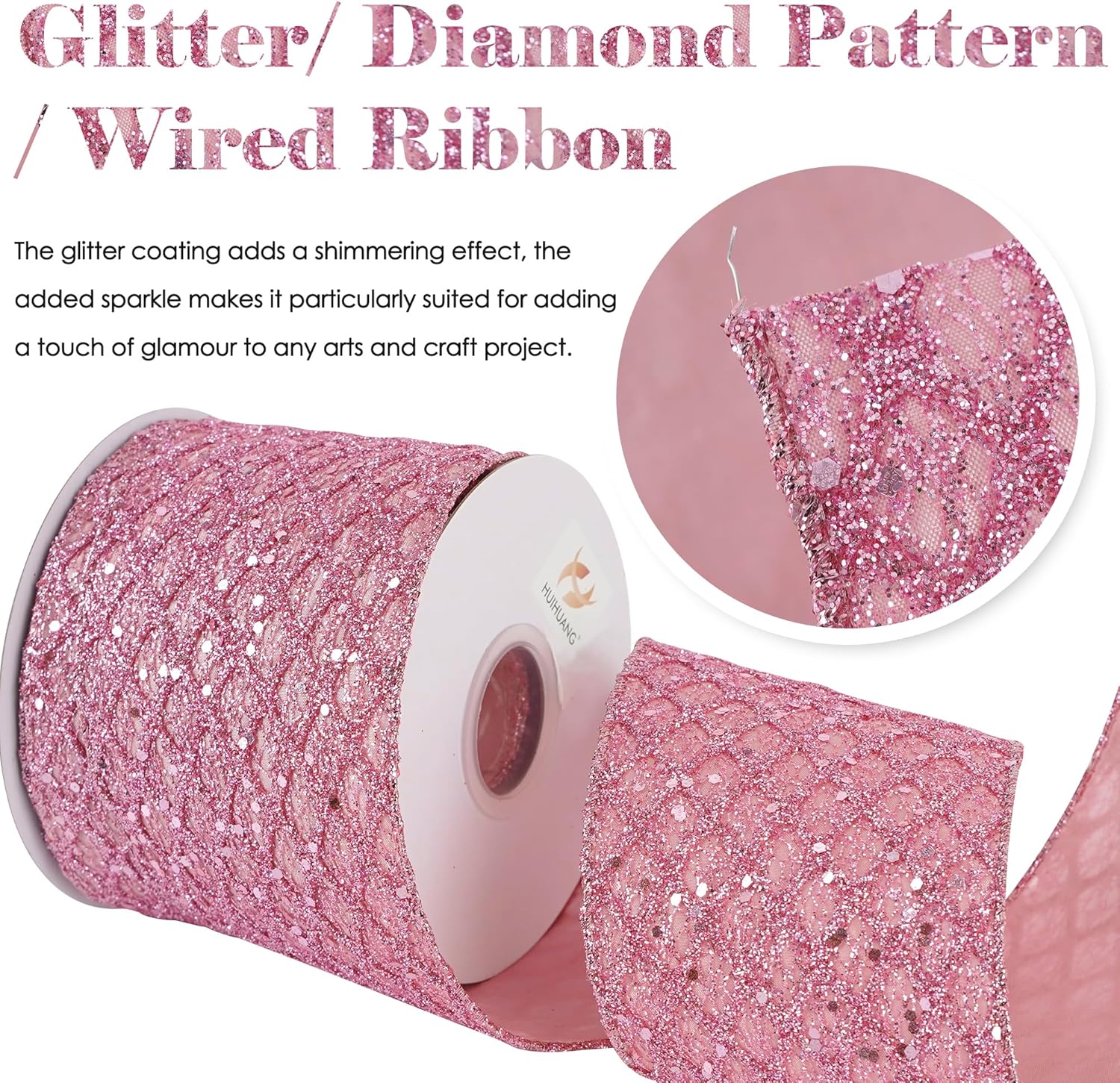 HUIHUANG Pink Wired Christmas Ribbon 4 inch Light Pink Glitter Wired Ribbon Diamond Mesh Wire Ribbon for X-mas Tree Decorations, Wreaths, Garland, Large Bows Making, Home Decor -10 Yards - Crafty Corner