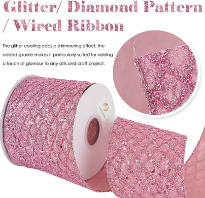HUIHUANG Pink Wired Christmas Ribbon 4 inch Light Pink Glitter Wired Ribbon Diamond Mesh Wire Ribbon for X-mas Tree Decorations, Wreaths, Garland, Large Bows Making, Home Decor -10 Yards - Crafty Corner