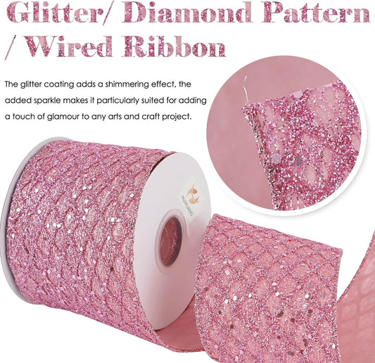 HUIHUANG Pink Wired Christmas Ribbon 4 inch Light Pink Glitter Wired Ribbon Diamond Mesh Wire Ribbon for X-mas Tree Decorations, Wreaths, Garland, Large Bows Making, Home Decor -10 Yards - Crafty Corner