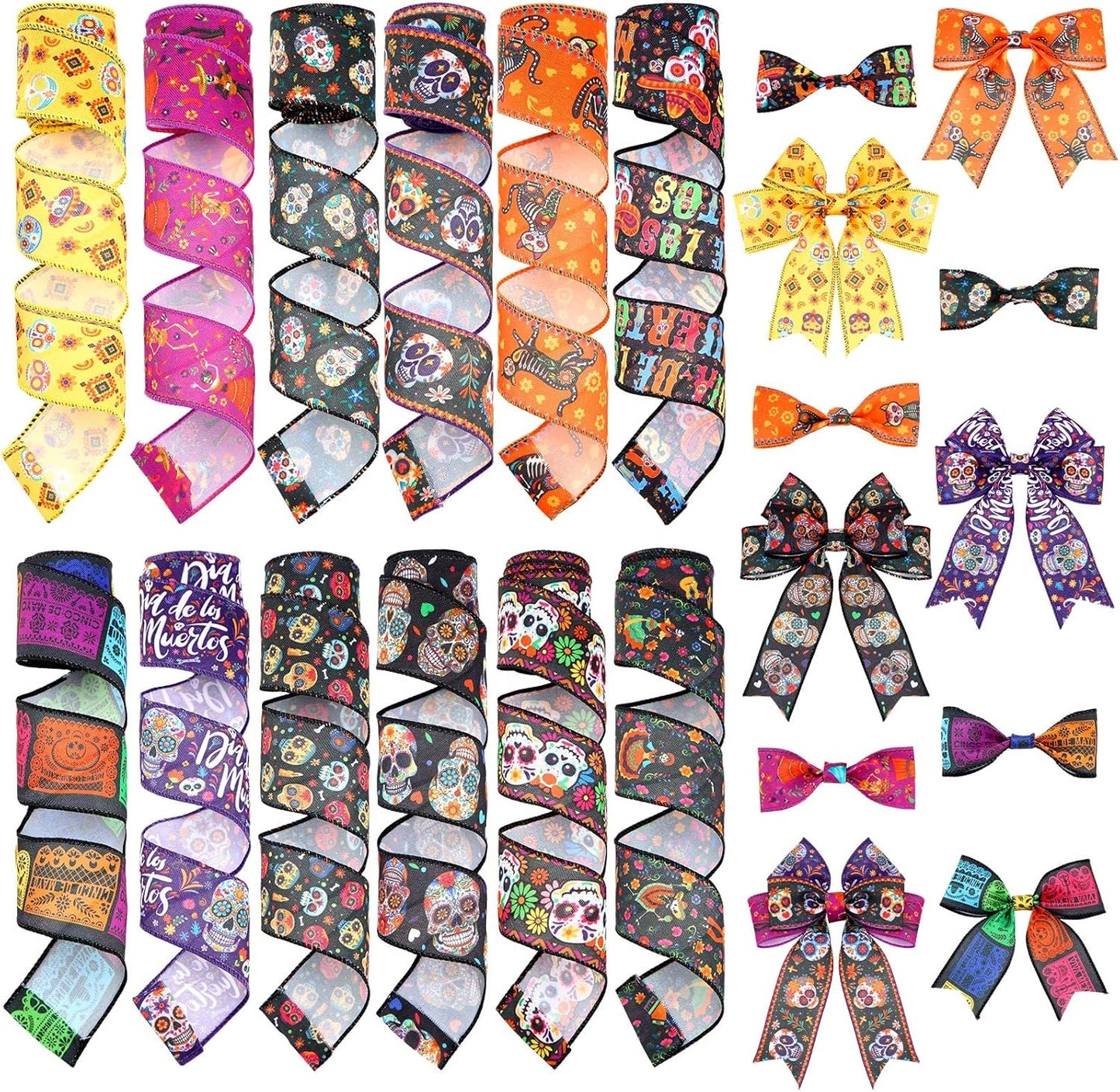 12 Rolls 60 Yards Day of The Dead Wired Edge Ribbons Black Purple Sugar Skull Flower Burlap Ribbon Dia De Los Meurtos Ribbon for Halloween Party DIY Craft Wreath Decor - Crafty Corner