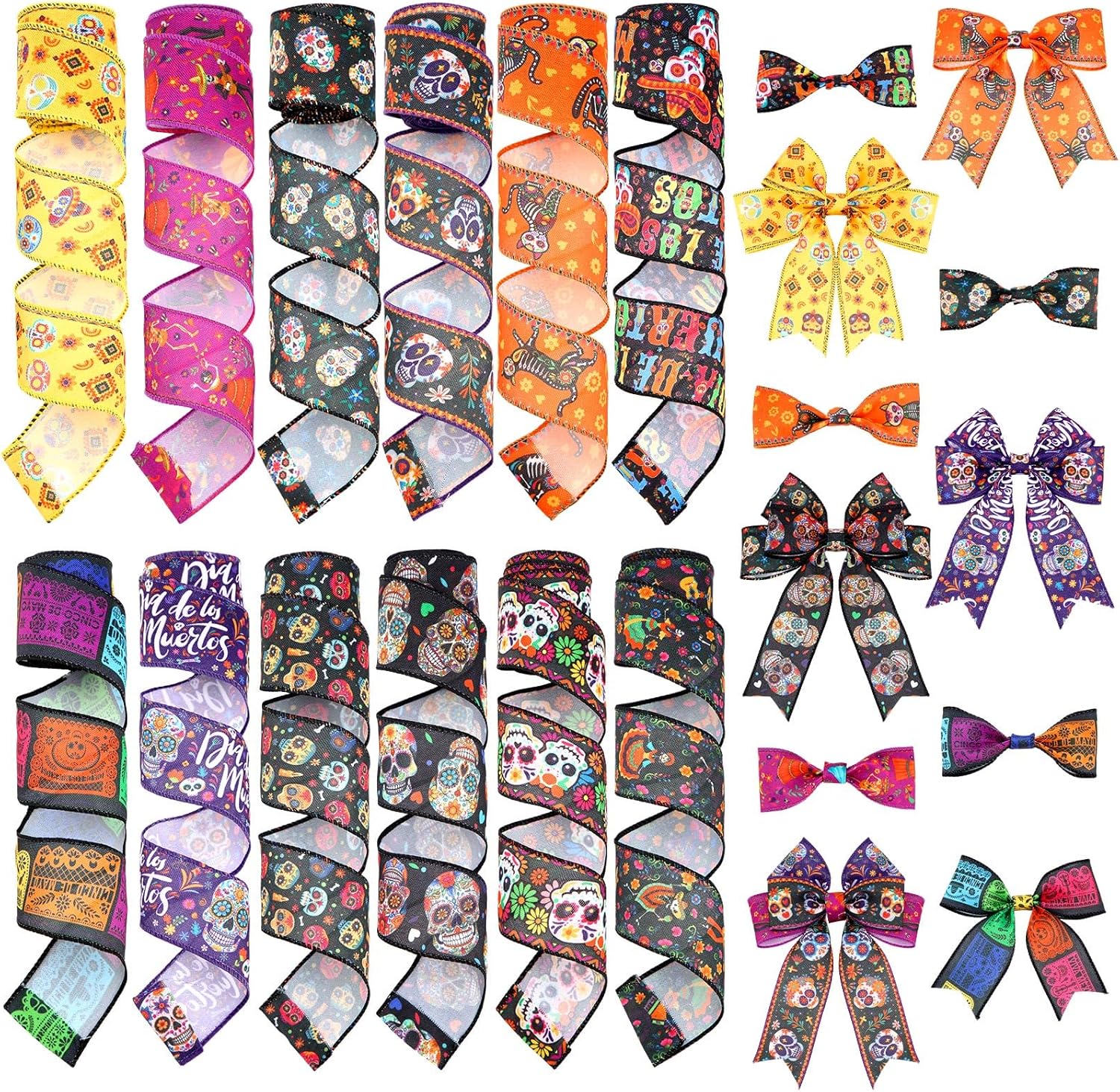 12 Rolls 60 Yards Day of The Dead Wired Edge Ribbons Black Purple Sugar Skull Flower Burlap Ribbon Dia De Los Meurtos Ribbon for Halloween Party DIY Craft Wreath Decor - Crafty Corner