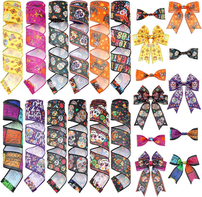 12 Rolls 60 Yards Day of The Dead Wired Edge Ribbons Black Purple Sugar Skull Flower Burlap Ribbon Dia De Los Meurtos Ribbon for Halloween Party DIY Craft Wreath Decor - Crafty Corner