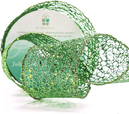 CT CRAFT LLC Sparkling Glitter Mesh Wired Ribbon 2.5" x 10 Yards Green for Christmas Home Decor Bow Gift Wrapping DIY Crafts Wreath - Crafty Corner