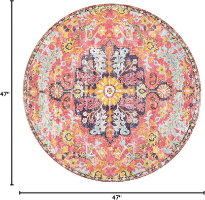 Lahome Bohemian Floral Medallion Round Rug - 4Ft Hot Pink Soft Round Area Rug Bedroom Kitchen Mat, Turkish Washable Indoor Floor Accent Bathroom Carpet for Nursery Living Room Home Office Hallway