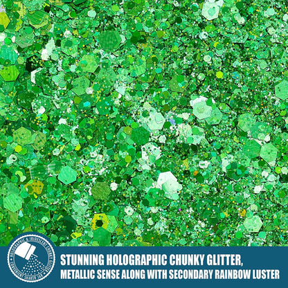 Holographic Chunky Glitter, 5.64oz/160g Craft Glitter Powder Mixed Chunky Flakes, Iridescent Sequins for Nail Art, Hair, Body, Epoxy Resin, Tumblers, Slime, Painting, Festival Decor (Jade Green)