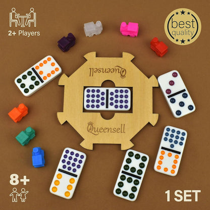 Queensell Mexican Train Dominoes - 136 Colored Dot Double 15s, 9 Trains, Wooden Hub, Aluminum Case