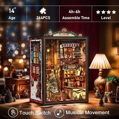 ISSEVE Book Nook Kit - DIY Miniature House Kit for Adults Teens Beginners, Christmas Dollhouse Booknook with Music Mechanism Tiny House Bookshelf Decoration 3D Wooden Puzzles (Christmas Shop)