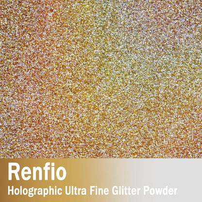 Renfio Holographic Ultra Fine Glitter Powder Metallic Resin Glitter 2.11 Oz (60g) PET Flakes Crafts Sequins 1/128" 0.008" 0.2mm Epoxy Chips Flakes for Tumblers Slime - Laser Gold & Silver