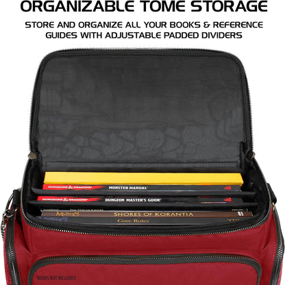 ENHANCE DND Bag - RPG Dungeons and Dragons Accessory Bag with Mini Storage, Mat Holder, Dice Pockets, Suitable for 4-8 Books, Red Dragon, Customizable