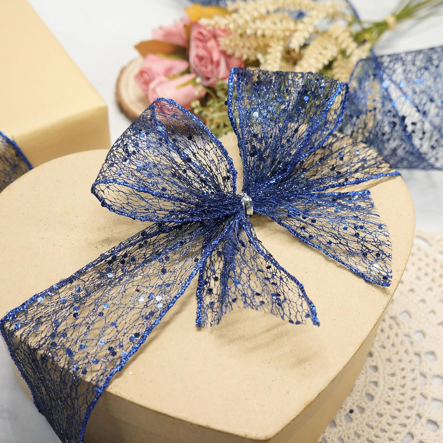 CT CRAFT LLC Sparkling Glitter Mesh Wired Ribbon 2.5" x 10 Yards Blue Navy for Christmas Home Decor Bow Gift Wrapping DIY Crafts Wreath - Crafty Corner