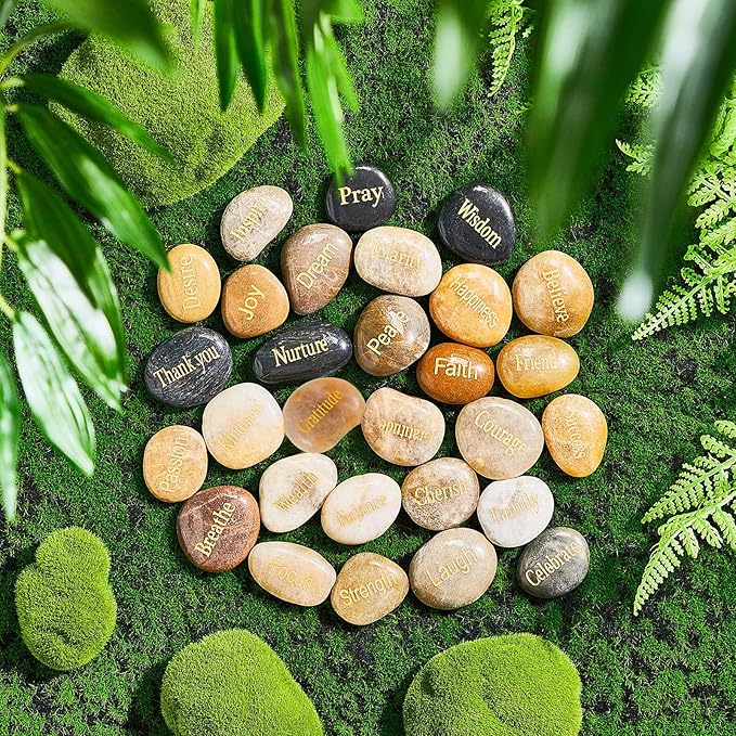 Fabbay Engraved Inspirational Stones, Encouragement Motivational Rocks with Words, Natural River Stone Bulk Set for Garden Decor, Meditation, Positive Gifts & Easter Decorations(Vintage Color,80 Pcs)