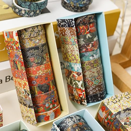 10 Rolls Ukiyo-e Style Washi Tape Set Japanese Kyoto Arts Adhesive Tapes Skinny Decorative Masking Tape Sets for Craft, Kids, Scrapbook, DIY, Gift Wrapping (Artisan Spirit)