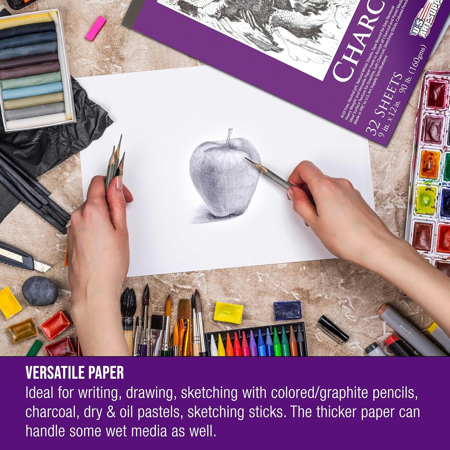U.S. Art Supply 9" x 12" Premium Heavy-Weight Charcoal Sketchbook (2 Pack, 64 Sheets Total) - 90lb (160gsm) Sketch Book Pad for Charcoal, Pencil & Pastel Drawing - Crafty Corner