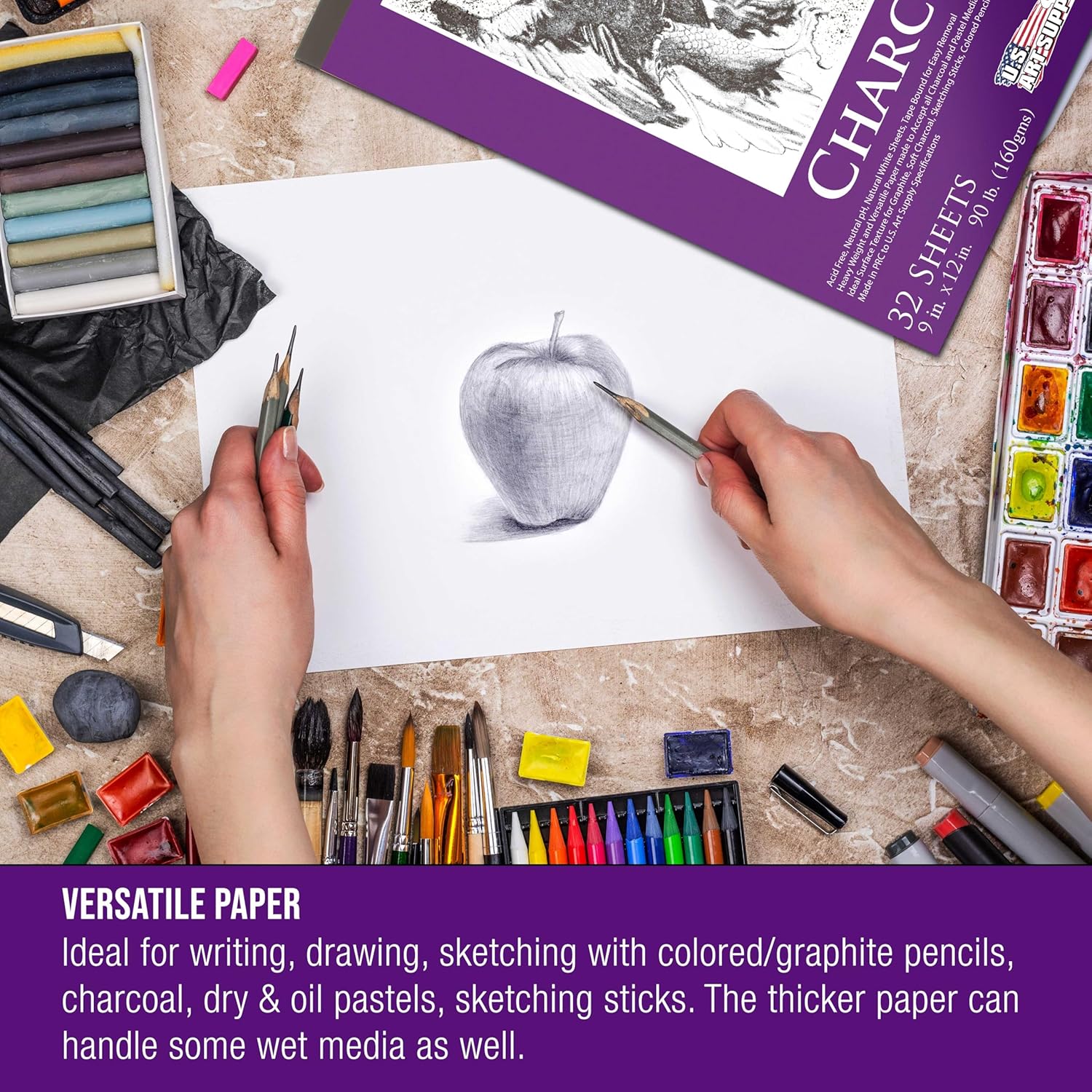 U.S. Art Supply 9" x 12" Premium Heavy-Weight Charcoal Sketchbook (2 Pack, 64 Sheets Total) - 90lb (160gsm) Sketch Book Pad for Charcoal, Pencil & Pastel Drawing - Crafty Corner