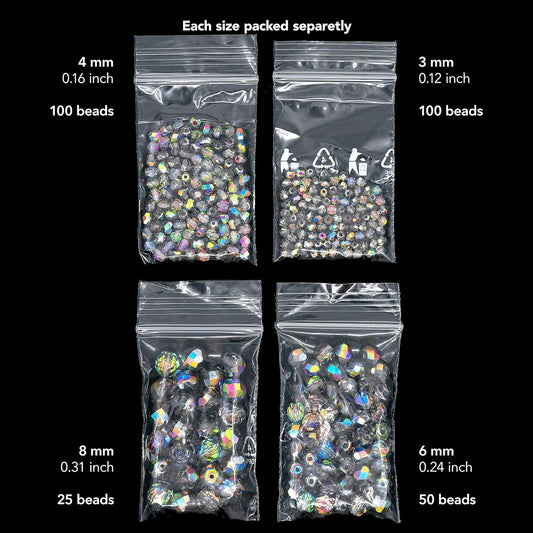 275 pcs Set of Czech Faceted Glass Beads, Fire-Polished Round Crystal Vitrail - 3mm (100pcs), 4mm (100pcs), 6mm (50pcs), 8mm (25pcs) kit for Jewelry Making