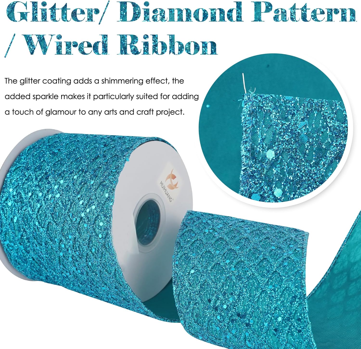 HUIHUANG Turquoise Glitter Wired Ribbon 4 inch Teal Christmas Tree Ribbon Diamond Mesh Wire Ribbon for Tree Decorations, Wreaths, Garland, Large Bows Making, Home Decor -10 Yards - Crafty Corner