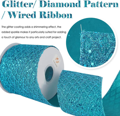 HUIHUANG Turquoise Glitter Wired Ribbon 4 inch Teal Christmas Tree Ribbon Diamond Mesh Wire Ribbon for Tree Decorations, Wreaths, Garland, Large Bows Making, Home Decor -10 Yards - Crafty Corner