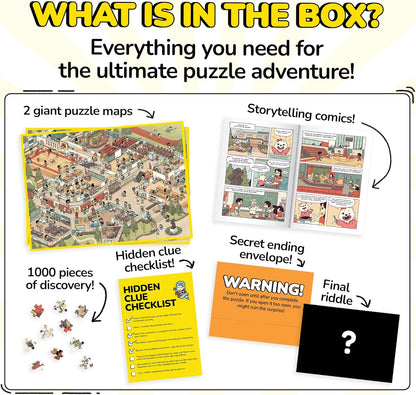 Odd Pieces Jigsaw Puzzles 1000 Pieces - Magic Mystery Story Secret Ending Puzzle - Perfect Game Night for Adults & Kids - Cat Dog Cartoon Theme (Snack Attack)