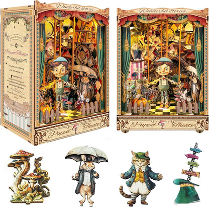 [2025 New] Puppet Theater Book Nook Kit with Dust Cover & LED Light, DIY Miniature House Kit Toy, 3D Wooden Puzzle Bookshelf Decor Building Kit, Birthday Gifts for Family & Friends