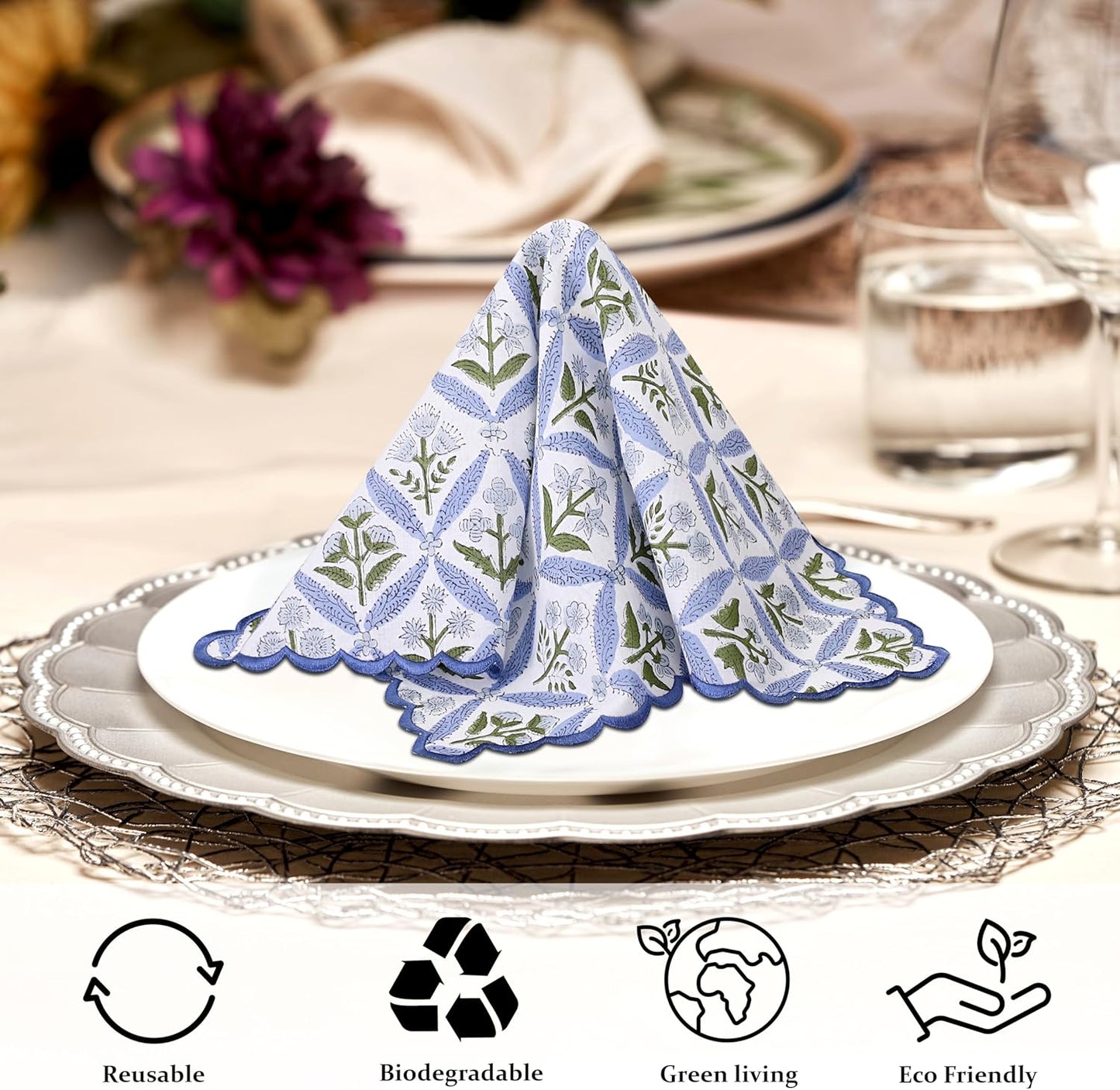 Ridhi Light Steel Blue Hand Block Print Napkins 18" x 18" Set of 4 Reusable Cotton Dinner Napkins for Weddings, Parties & Everyday Dining, Thanksgiving, Christmas, Fall