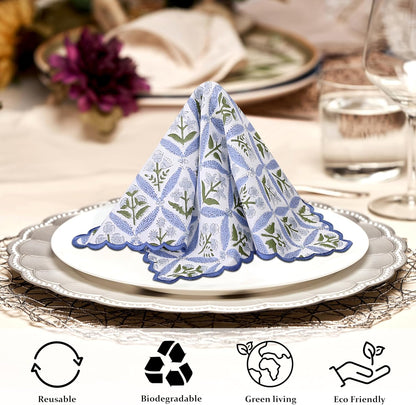 Ridhi Light Steel Blue Hand Block Print Napkins 18" x 18" Set of 4 Reusable Cotton Dinner Napkins for Weddings, Parties & Everyday Dining, Thanksgiving, Christmas, Fall