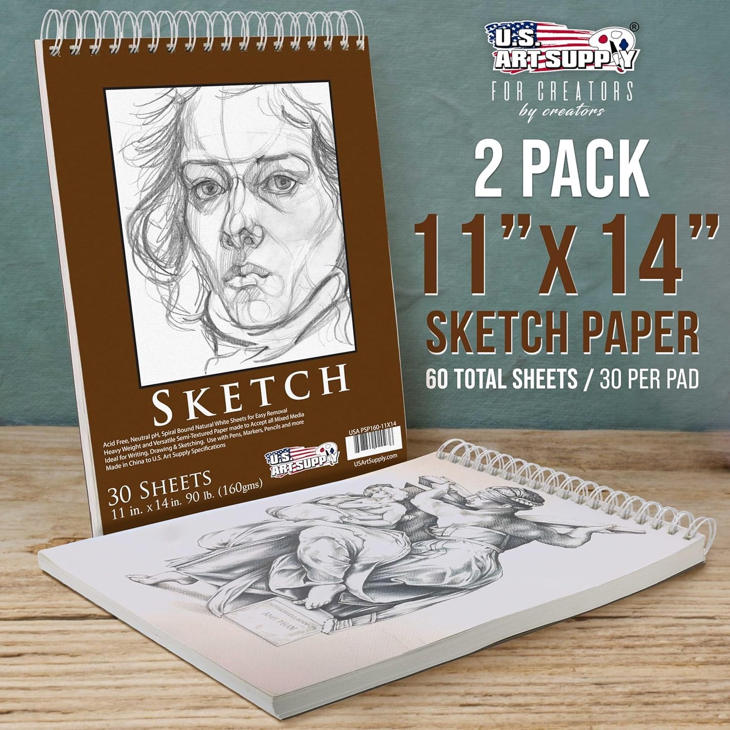 U.S. Art Supply 11”x14 Premium Heavy-Weight Paper Spiral Bound Sketch Book: 90 Pound (160gsm), 30-Sheet Drawing Pad (2 Pack) - Crafty Corner