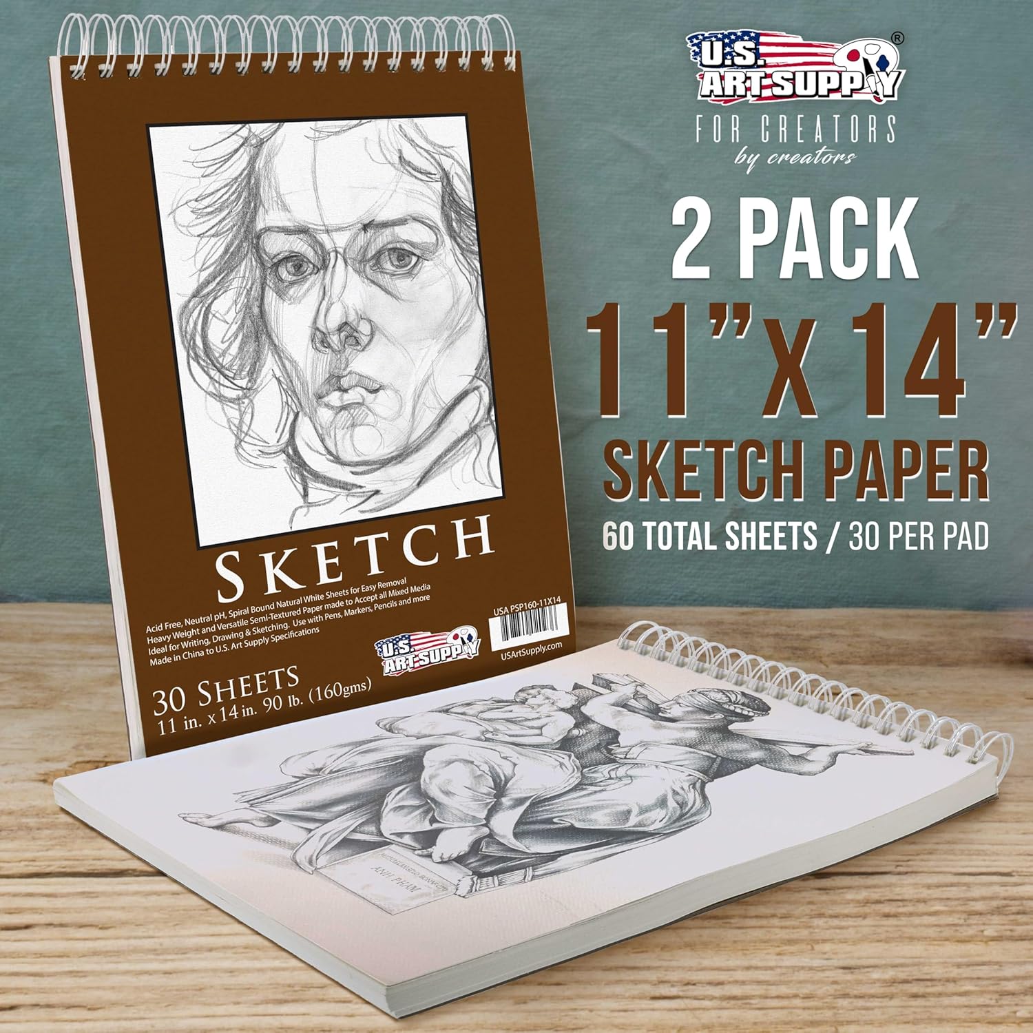 U.S. Art Supply 11”x14 Premium Heavy-Weight Paper Spiral Bound Sketch Book: 90 Pound (160gsm), 30-Sheet Drawing Pad (2 Pack) - Crafty Corner