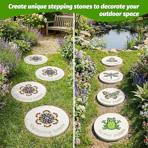 U0U 10PCS Stepping Stone Kit Includes Round Cement Molds, Mosaic Tiles and Carving Tools,DIY Garden Stepping Stone kit for Kids,Family,Outdoor Walkways Pavement Decoration (Transparent, 10inch)