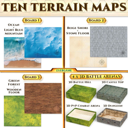 10 DND Game Mats and a lot More - Includes 6 Dungeons & Dragons Board Game Battle Maps (1" Hex Grid), Huge Size 22x26-4 3D Battle Arenas, 140+ Reusable Stickers, 4 Markers & Eraser, by EverGame