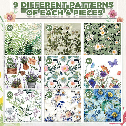 Crtiin 36 Pack 9 Styles Decoupage Napkins Assorted Floral Decorative Decoupage Napkins Chinoiserie Cocktail Paper for DIY Crafting Birthday Party, Each Unfolded 13 Inch(Fresh Plants)