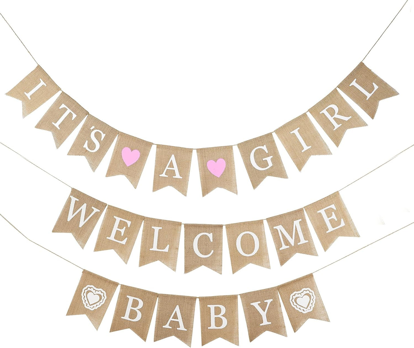 MEEDEE Burlap Banner Welcome Baby Girls Banner Rustic Baby Shower Party Favors Decorations Banners and Signs Baby Shower Bunting Pink (3 Pieces) - Crafty Corner