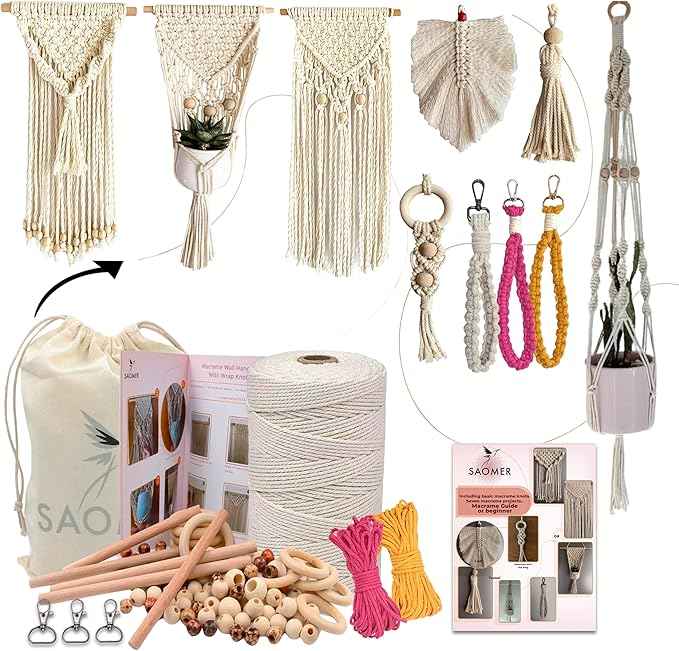 SAOMER 130 Pcs Macrame Kit for Beginners-219 Yards(657 Feet-3mm) 7 Easy Macrame DIY Projects Book-Starter Kit Has Dowel,Beads,Rings,Keychains,Bag(Gift) - Perfect Macrame Starter Kits