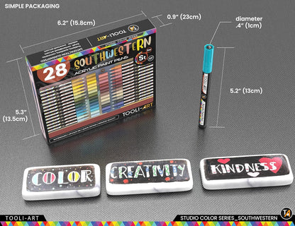 28 Southwestern Colors Acrylic Paint Pens Studio Color Series Markers Set 0.7mm Extra Fine Tip, Rock Painting, Glass, Mugs, Wood, Metal, Canvas, DIY, Detailing. Non Toxic, Waterbased, Quick Drying