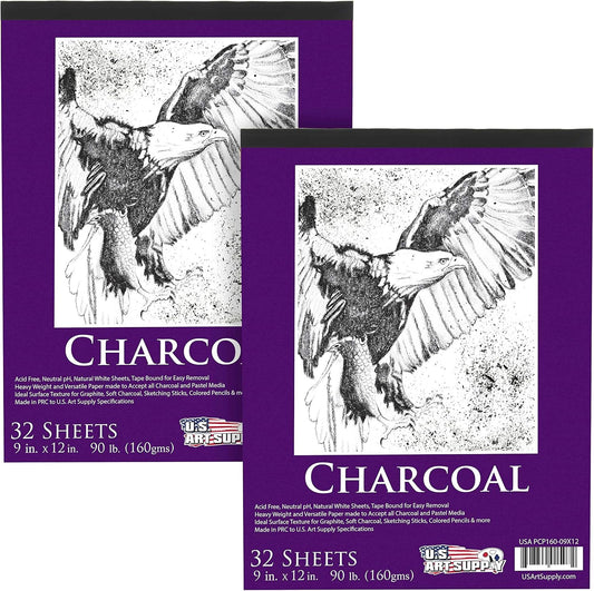 U.S. Art Supply 9" x 12" Premium Heavy-Weight Charcoal Sketchbook (2 Pack, 64 Sheets Total) - 90lb (160gsm) Sketch Book Pad for Charcoal, Pencil & Pastel Drawing - Crafty Corner