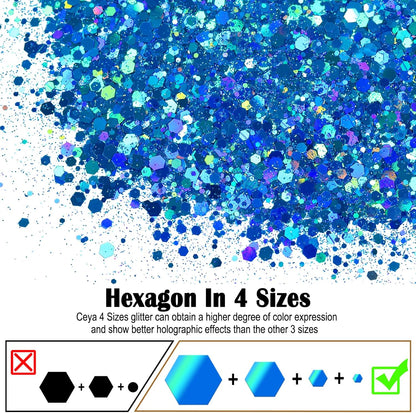 Ceya Holographic Chunky Glitter, 4.9oz/ 140g Sky Blue Craft Glitter Powder Mixed Chunky & Fine Flakes Iridescent Nail Sequins for Nail Art, Hair, Epoxy Resin, Tumblers, Slime, Painting, Festival Decor