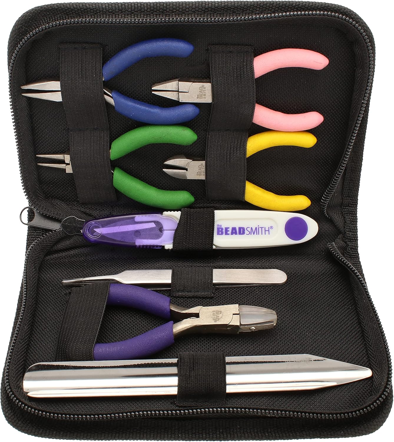 The Beadsmith Mini Color-ID Set – 3”, 8-Pieces Includes: Chain Nose, Round Nose, Side Cutter, Flat Nose, Nylon Jaw Flat Nose, Tweezers, Thread Snippers, Bead Scoop & Canvas Case – For Jewelry Making - Crafty Corner