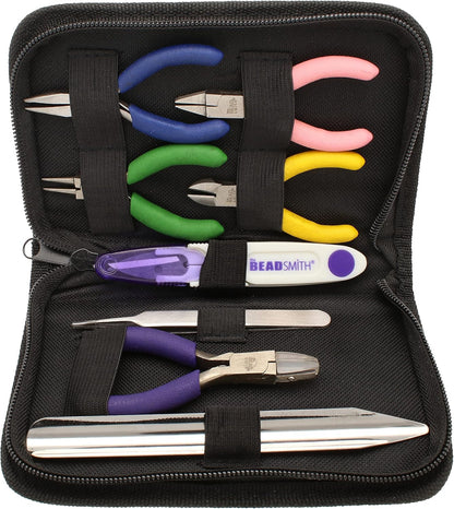 The Beadsmith Mini Color-ID Set – 3”, 8-Pieces Includes: Chain Nose, Round Nose, Side Cutter, Flat Nose, Nylon Jaw Flat Nose, Tweezers, Thread Snippers, Bead Scoop & Canvas Case – For Jewelry Making - Crafty Corner